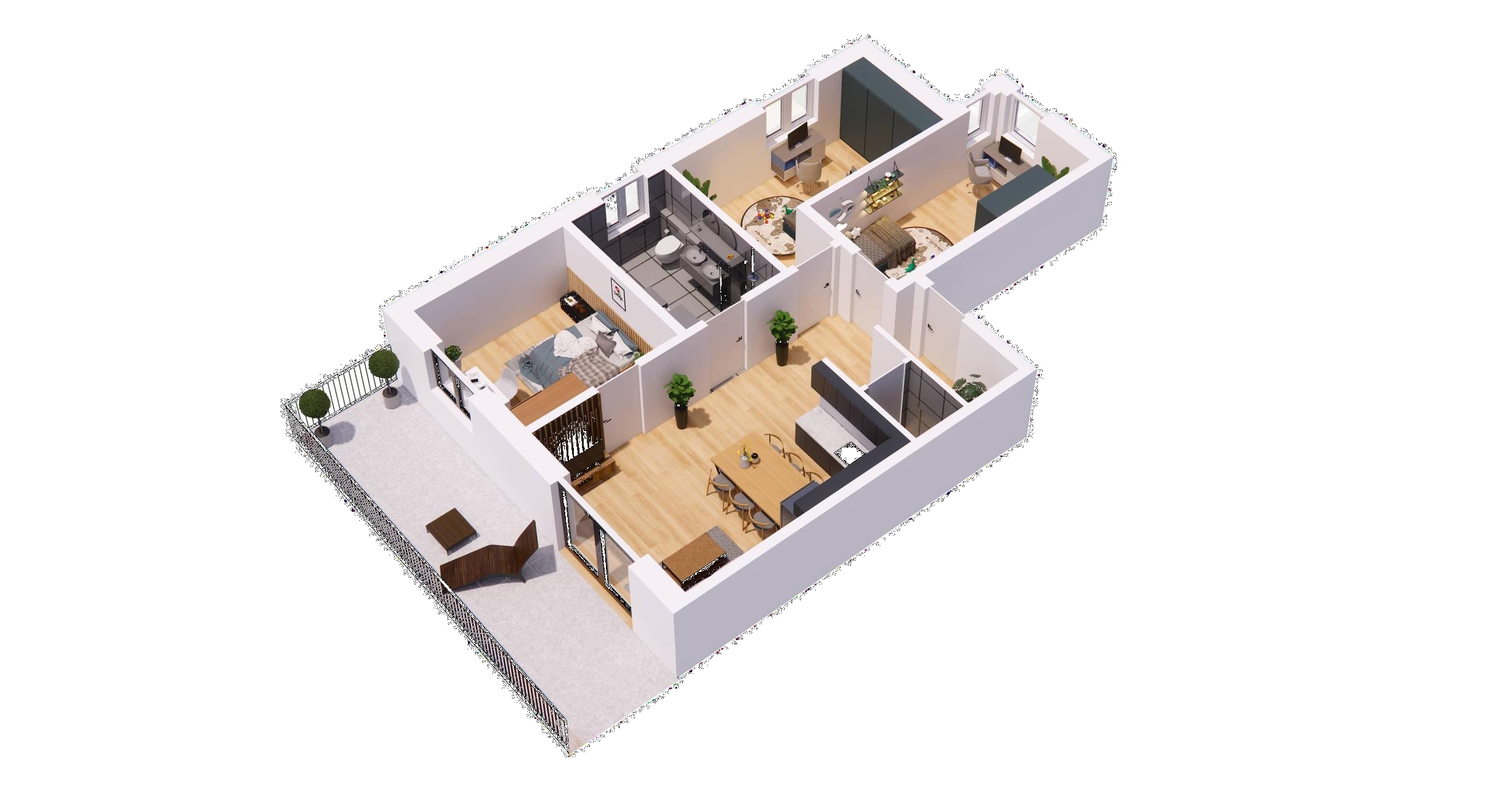 Grundriss WO 5 — 3-Zimmer-Wohnung mit Balkon, ca. 96,15 m²