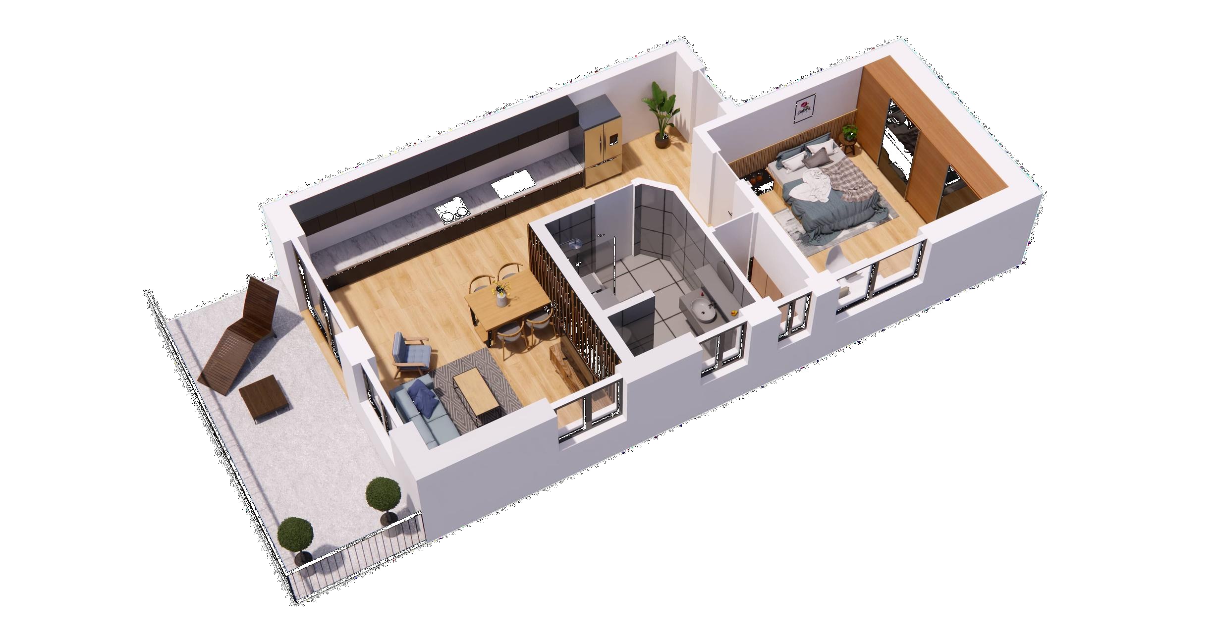 Grundriss WO 2 — 2-Zimmer-Wohnung mit Sonnenbalkon, ca. 64,25 m²
