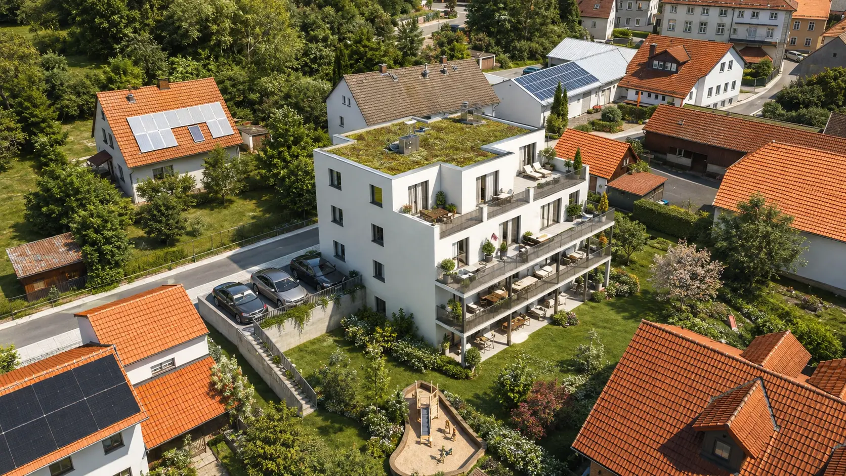 Neubauprojekt Leisauer Straße 3 in Goldkronach bei Bayreuth — Außenansicht mit Balkonen und Garten
