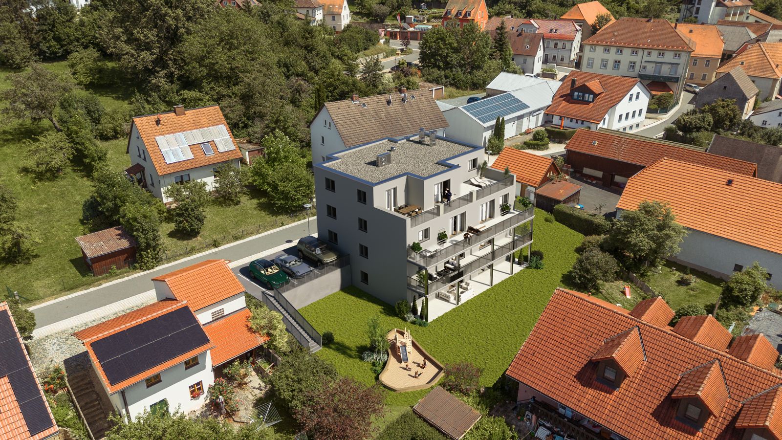 Neubauprojekt Leisauer Straße 3 in Goldkronach bei Bayreuth — Außenansicht mit Balkonen und Garten